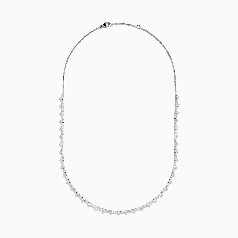 The Lab Grown Diamond Tennis Necklace in 14K White Gold showcases a continuous row of closely set round lab grown diamonds, elegantly displayed on a plain white background.