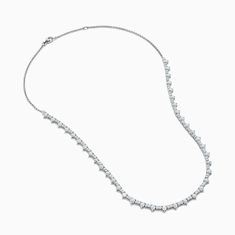 The Lab Grown Diamond Tennis Necklace in 14K White Gold showcases a continuous row of closely set round lab grown diamonds, elegantly displayed on a plain white background.