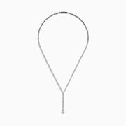 The Lab Grown Round Diamond 8.97ct Lariat Necklace in 14K White Gold features a Y-shaped line of lab grown diamonds ending in a larger single diamond, shown on a white background.