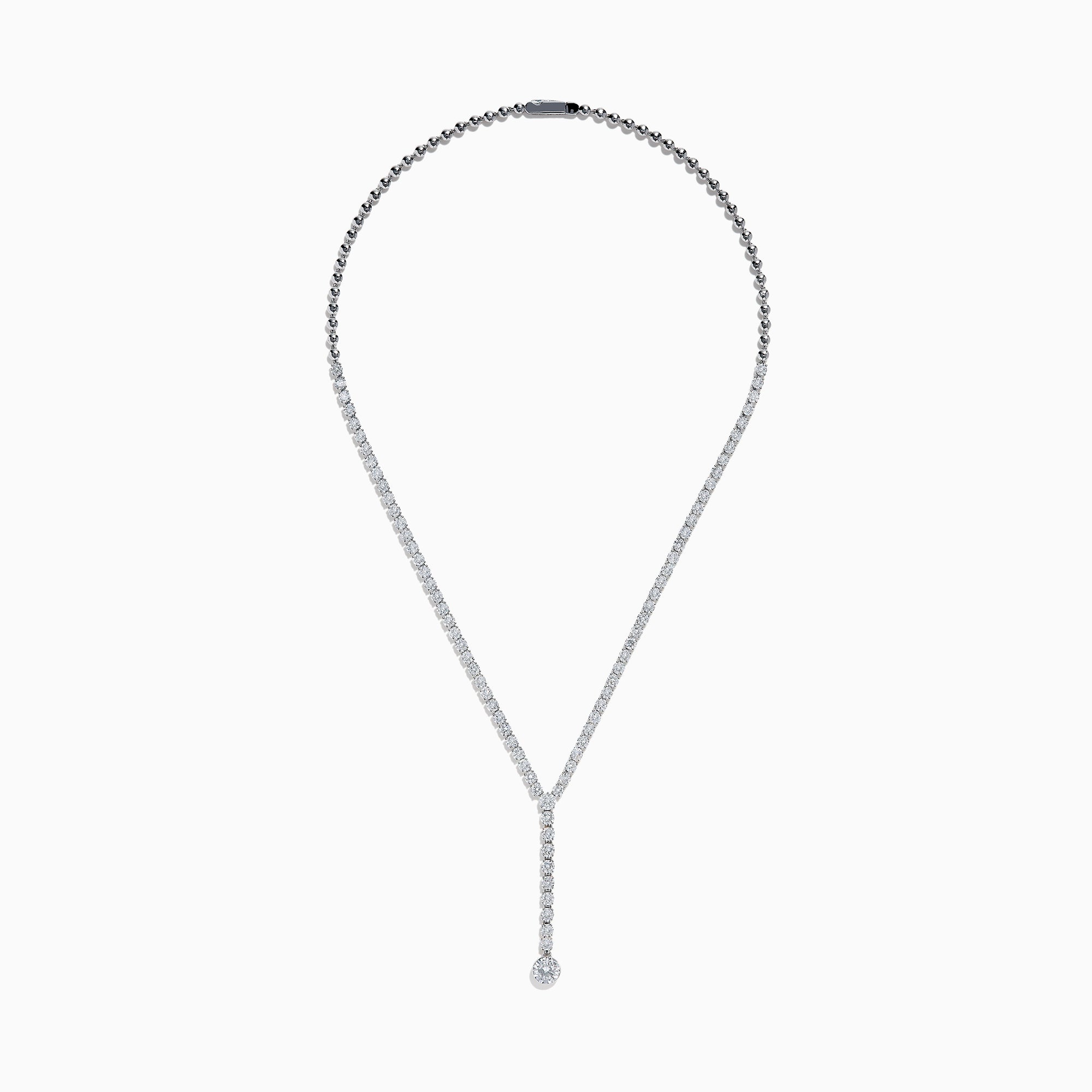 The Lab Grown Round Diamond 8.97ct Lariat Necklace in 14K White Gold features a Y-shaped line of lab grown diamonds ending in a larger single diamond, shown on a white background.
