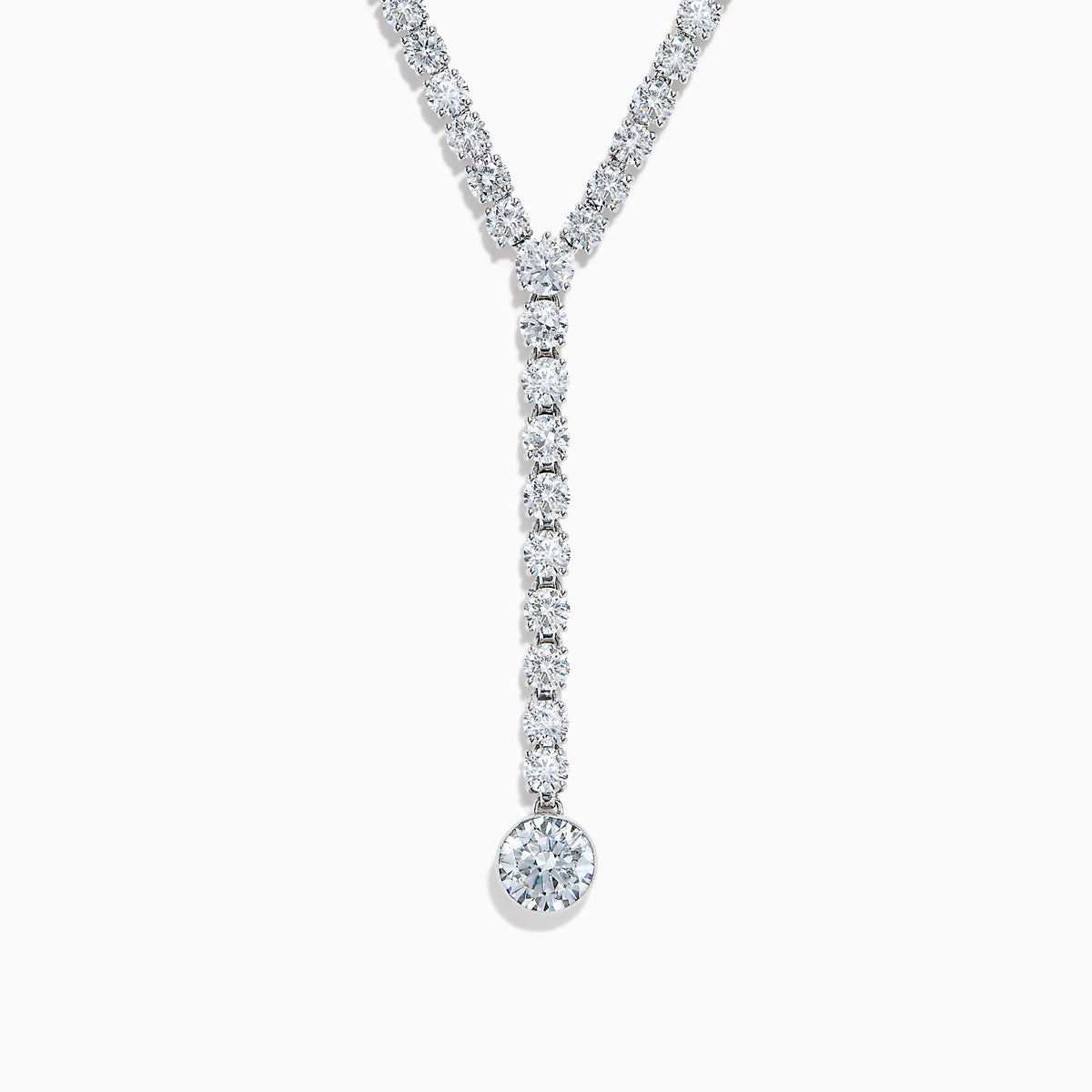 The Lab Grown Round Diamond 8.97ct Lariat Necklace in 14K White Gold features a Y-shaped line of lab grown diamonds ending in a larger single diamond, shown on a white background.