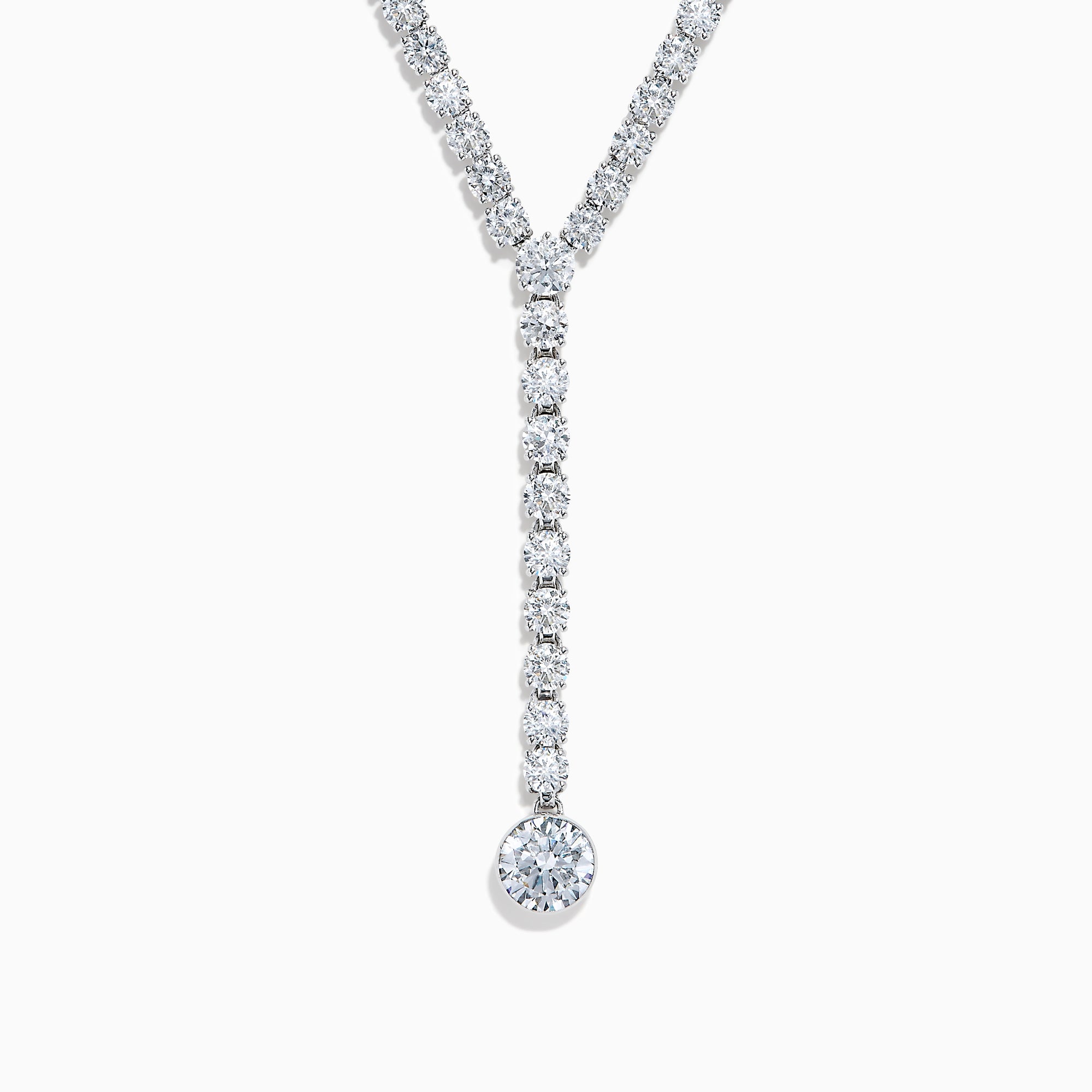 The Lab Grown Round Diamond 8.97ct Lariat Necklace in 14K White Gold features a Y-shaped line of lab grown diamonds ending in a larger single diamond, shown on a white background.
