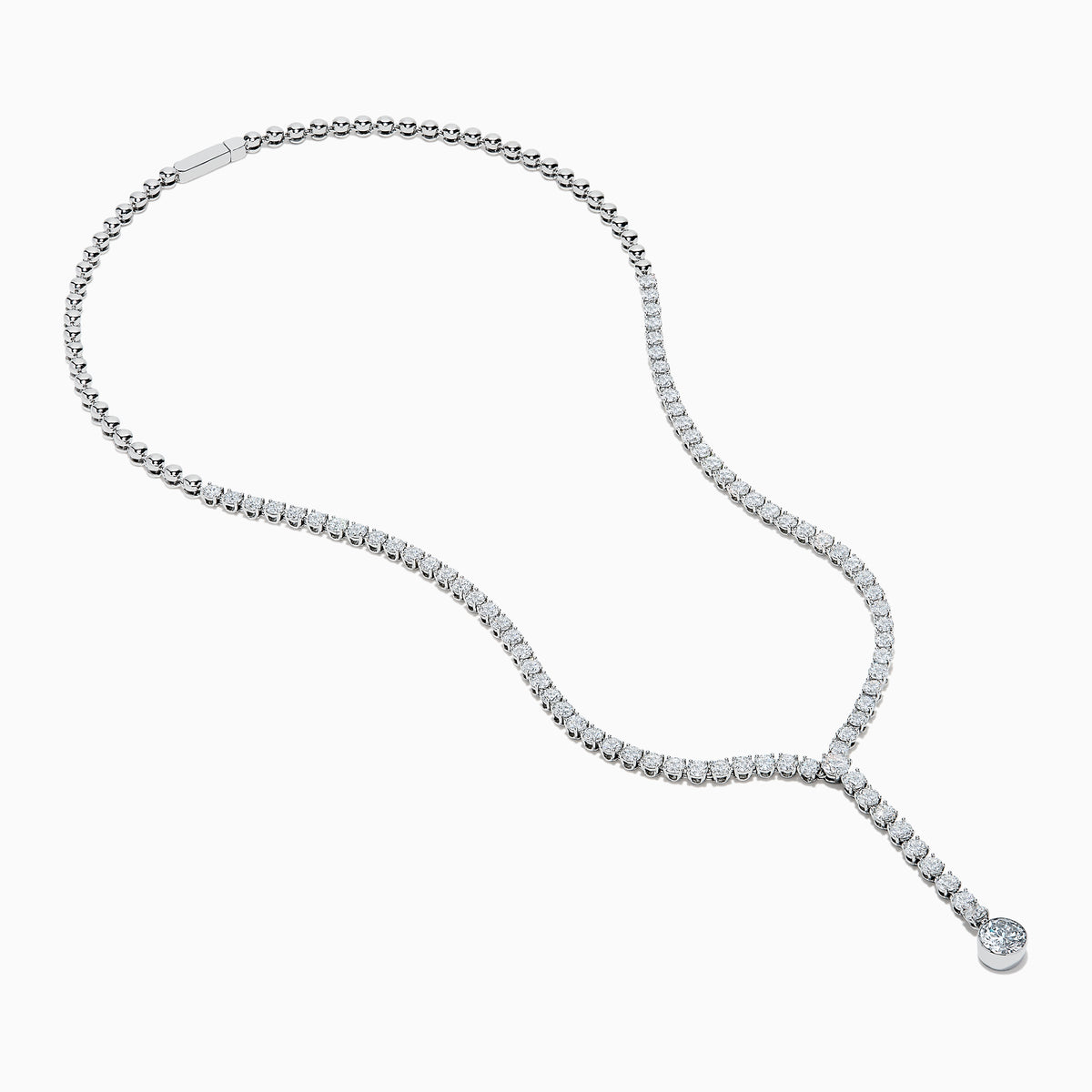 The Lab Grown Round Diamond 8.97ct Lariat Necklace in 14K White Gold features a Y-shaped line of lab grown diamonds ending in a larger single diamond, shown on a white background.