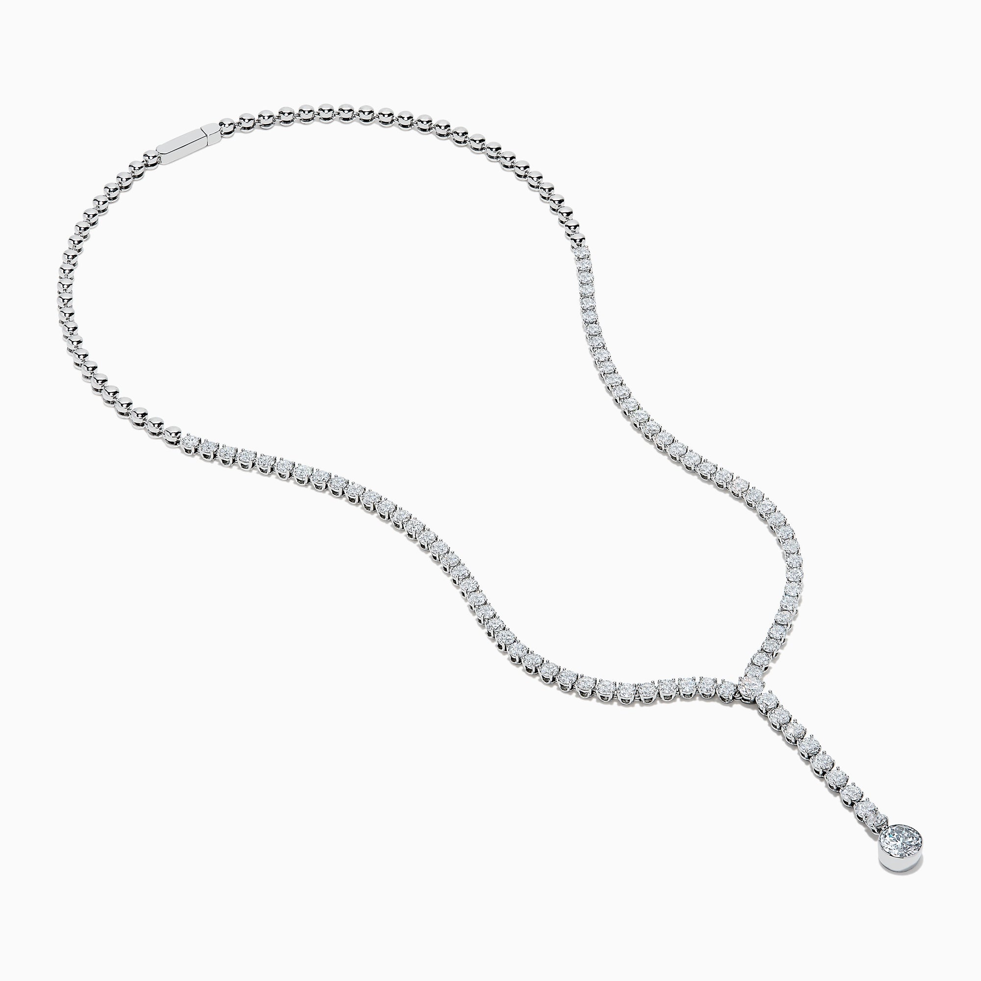 The Lab Grown Round Diamond 8.97ct Lariat Necklace in 14K White Gold features a Y-shaped line of lab grown diamonds ending in a larger single diamond, shown on a white background.