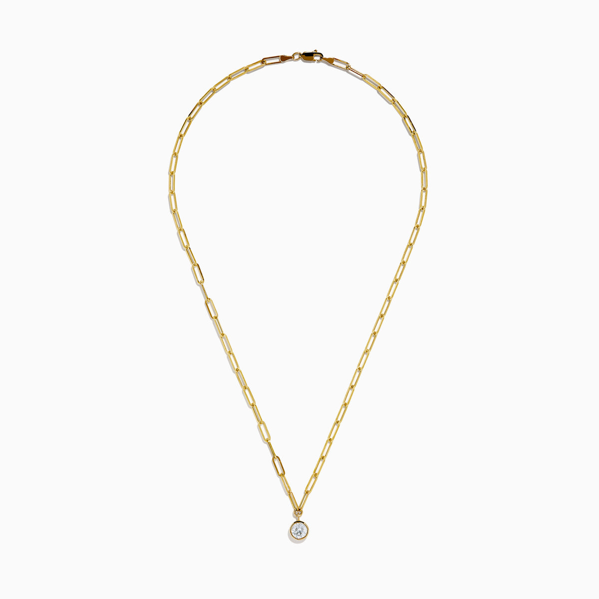 The Lab Grown Round Bezel-Set Diamond Paperclip Chain Necklace in 14K Yellow Gold features elongated oval links and a round, clear lab grown diamond pendant, shown against a white background.