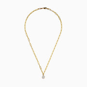 The Lab Grown Round Bezel-Set Diamond Paperclip Chain Necklace in 14K Yellow Gold features elongated oval links and a round, clear lab grown diamond pendant, shown against a white background.