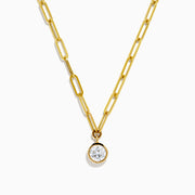 The Lab Grown Round Bezel-Set Diamond Paperclip Chain Necklace in 14K Yellow Gold features elongated oval links and a round, clear lab grown diamond pendant, shown against a white background.
