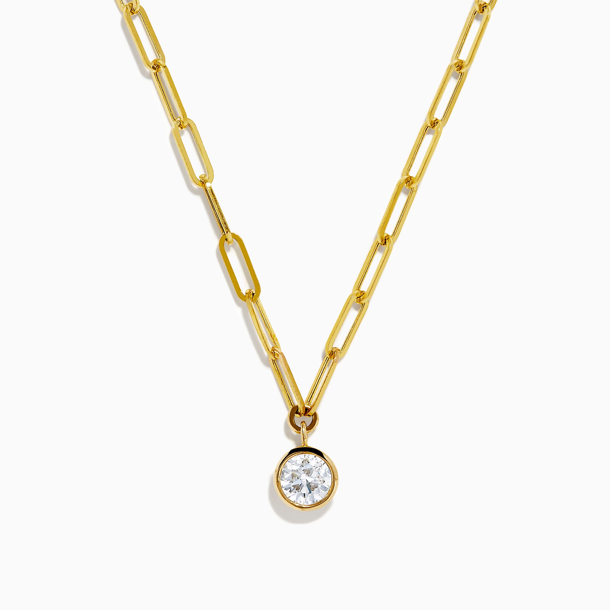 The Lab Grown Round Bezel-Set Diamond Paperclip Chain Necklace in 14K Yellow Gold features elongated oval links and a round, clear lab grown diamond pendant, shown against a white background.