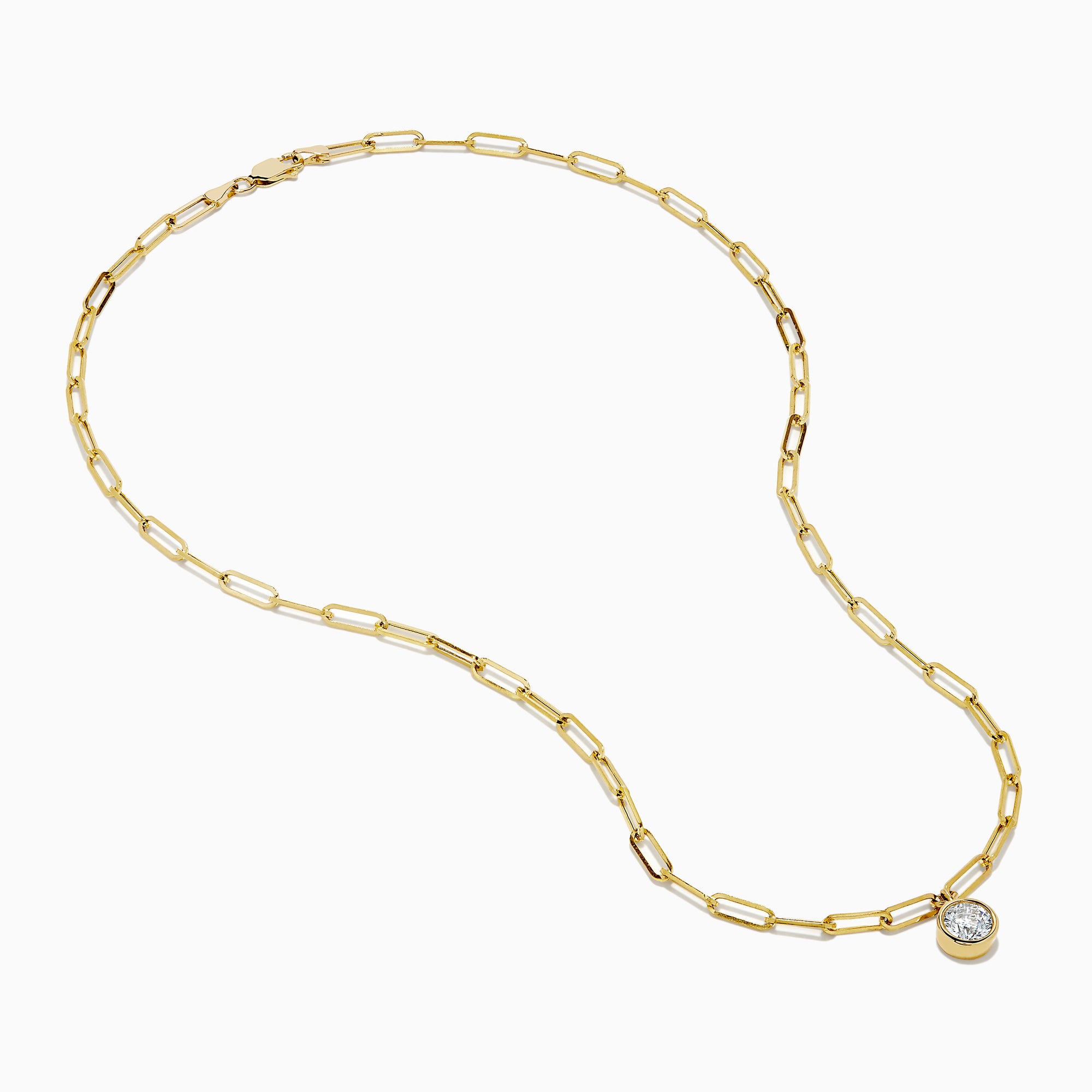 The Lab Grown Round Bezel-Set Diamond Paperclip Chain Necklace in 14K Yellow Gold features elongated oval links and a round, clear lab grown diamond pendant, shown against a white background.