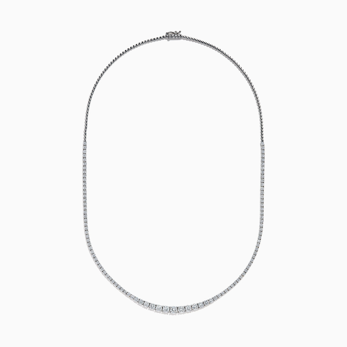 The Lab Grown Round Diamond 5.00ct Graduated Tennis Necklace in 14K White Gold features sparkling round diamonds in a slender white gold chain, displayed elegantly against a white background.