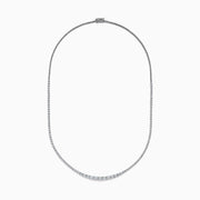The Lab Grown Round Diamond 5.00ct Graduated Tennis Necklace in 14K White Gold features sparkling round diamonds in a slender white gold chain, displayed elegantly against a white background.