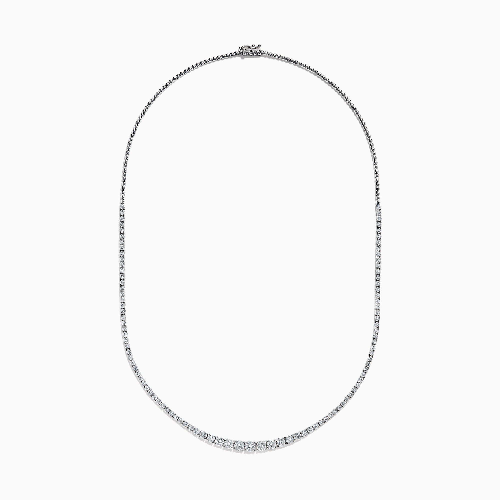 The Lab Grown Round Diamond 5.00ct Graduated Tennis Necklace in 14K White Gold features sparkling round diamonds in a slender white gold chain, displayed elegantly against a white background.