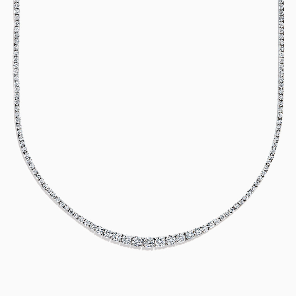 The Lab Grown Round Diamond 5.00ct Graduated Tennis Necklace in 14K White Gold features sparkling round diamonds in a slender white gold chain, displayed elegantly against a white background.