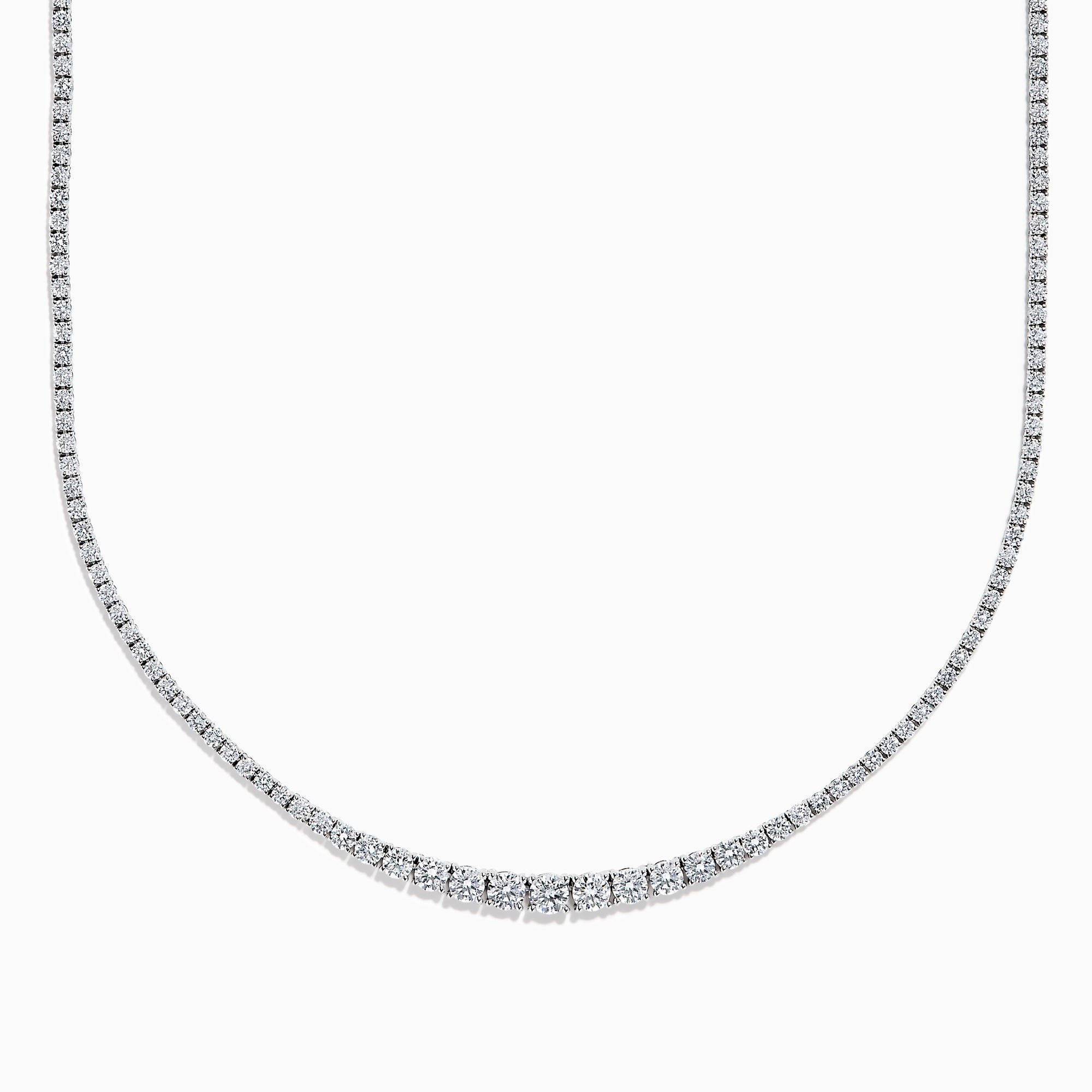 The Lab Grown Round Diamond 5.00ct Graduated Tennis Necklace in 14K White Gold features sparkling round diamonds in a slender white gold chain, displayed elegantly against a white background.