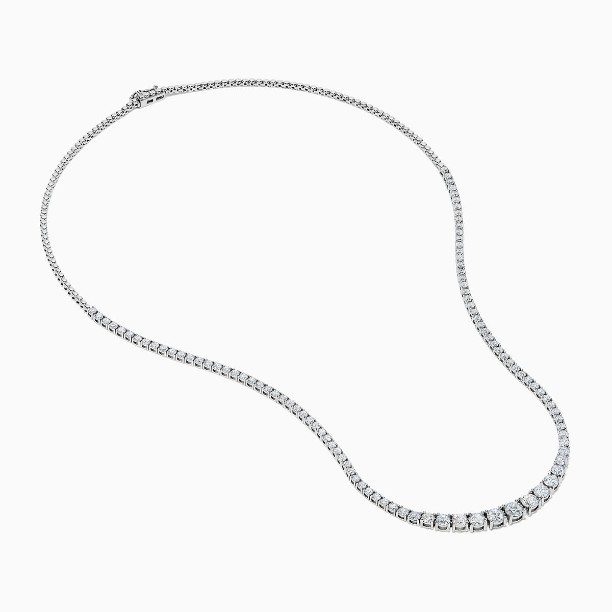 The Lab Grown Round Diamond 5.00ct Graduated Tennis Necklace in 14K White Gold features sparkling round diamonds in a slender white gold chain, displayed elegantly against a white background.