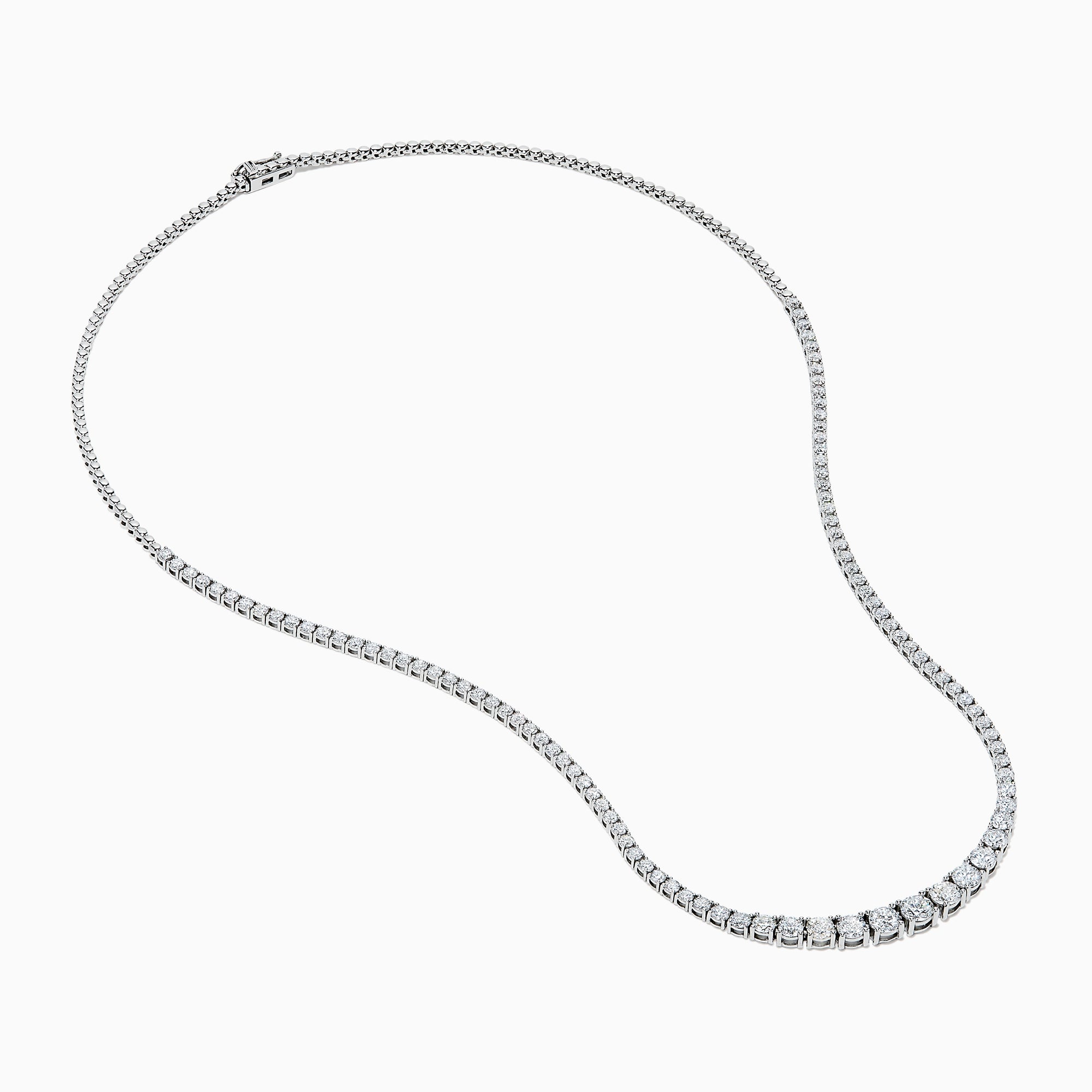 The Lab Grown Round Diamond 5.00ct Graduated Tennis Necklace in 14K White Gold features sparkling round diamonds in a slender white gold chain, displayed elegantly against a white background.