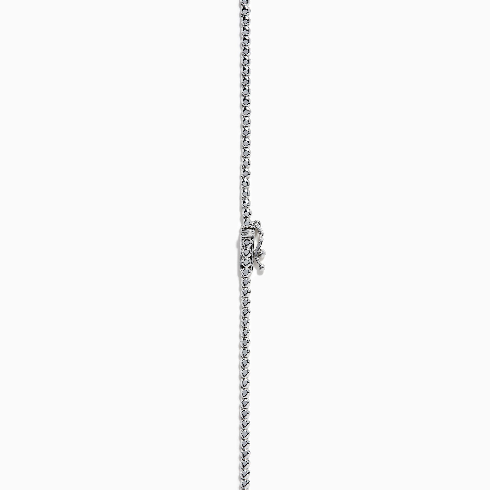 The Lab Grown Round Diamond 5.00ct Graduated Tennis Necklace in 14K White Gold features sparkling round diamonds in a slender white gold chain, displayed elegantly against a white background.