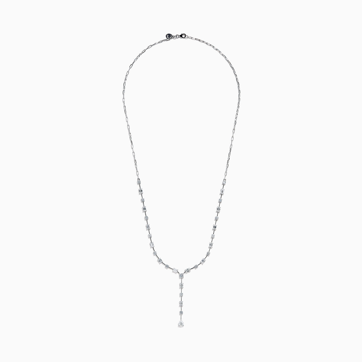The Lab Grown Diamond Lariat Tennis Necklace in 14K White Gold showcases alternating round and rectangular lab grown diamonds, ending with a pear-shaped drop for an elegant, symmetrical look.