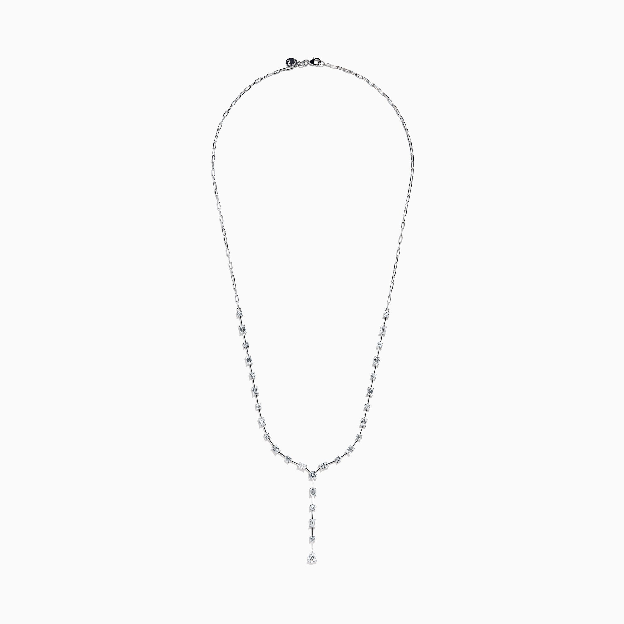 The Lab Grown Diamond Lariat Tennis Necklace in 14K White Gold showcases alternating round and rectangular lab grown diamonds, ending with a pear-shaped drop for an elegant, symmetrical look.