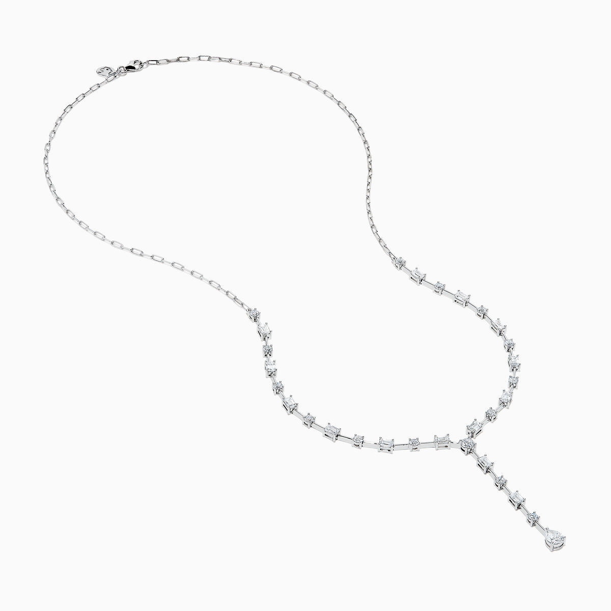 The Lab Grown Diamond Lariat Tennis Necklace in 14K White Gold showcases alternating round and rectangular lab grown diamonds, ending with a pear-shaped drop for an elegant, symmetrical look.