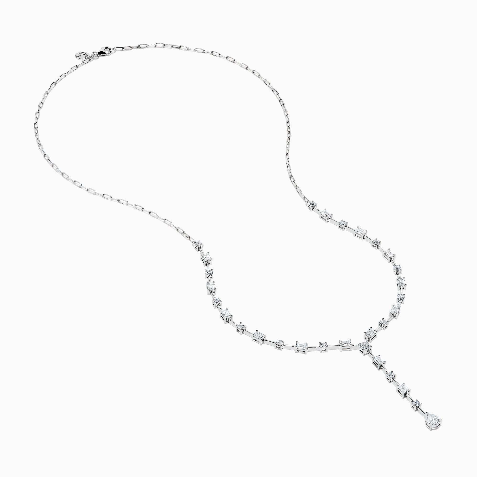 The Lab Grown Diamond Lariat Tennis Necklace in 14K White Gold showcases alternating round and rectangular lab grown diamonds, ending with a pear-shaped drop for an elegant, symmetrical look.