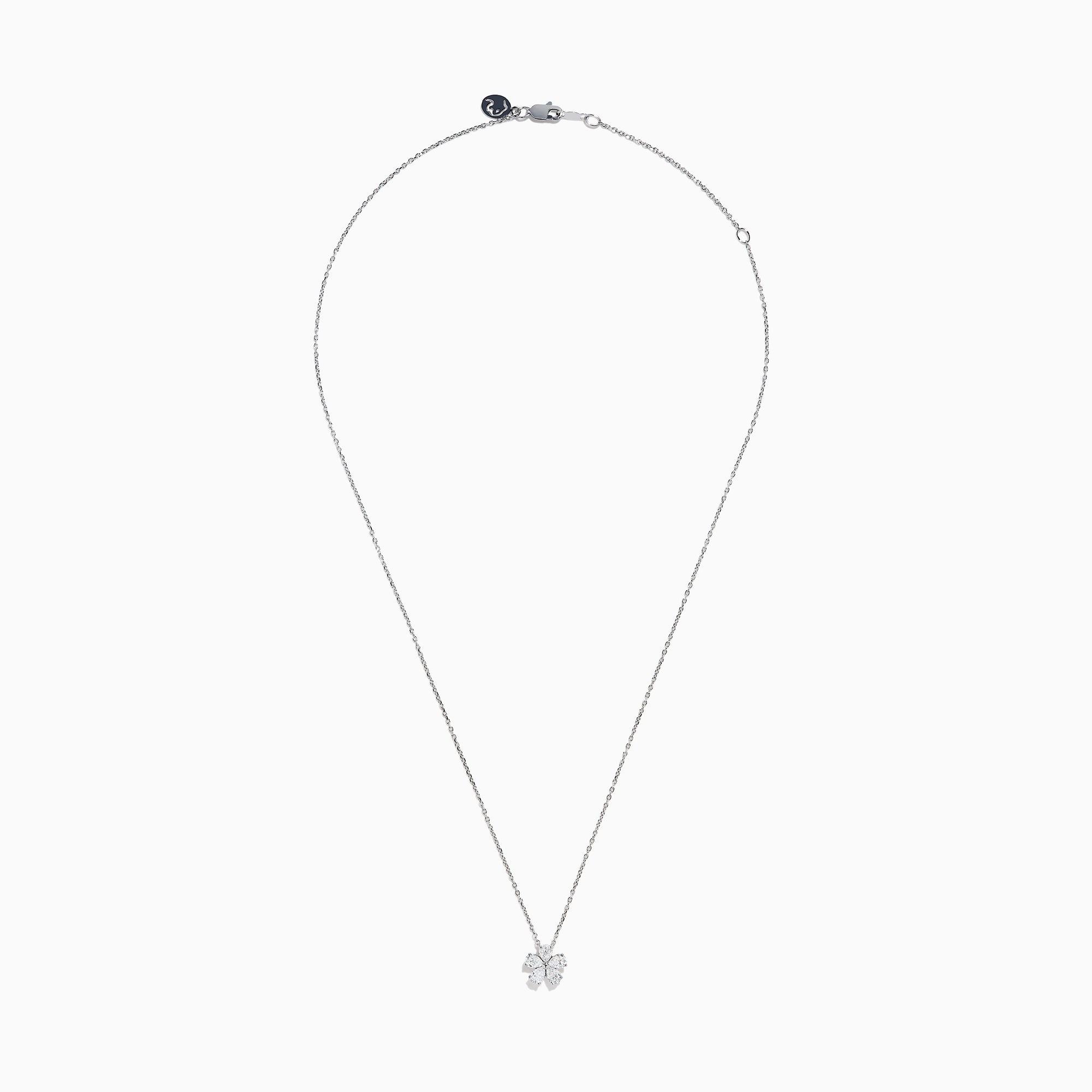 The Lab Grown Pear Diamond Flower Pendant in 14K White Gold features six lab-grown pear diamonds as petals, elegantly set on a delicate white gold chain and displayed against a white background.