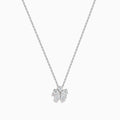 The Lab Grown Pear Diamond Flower Pendant in 14K White Gold features six lab-grown pear diamonds as petals, elegantly set on a delicate white gold chain and displayed against a white background.