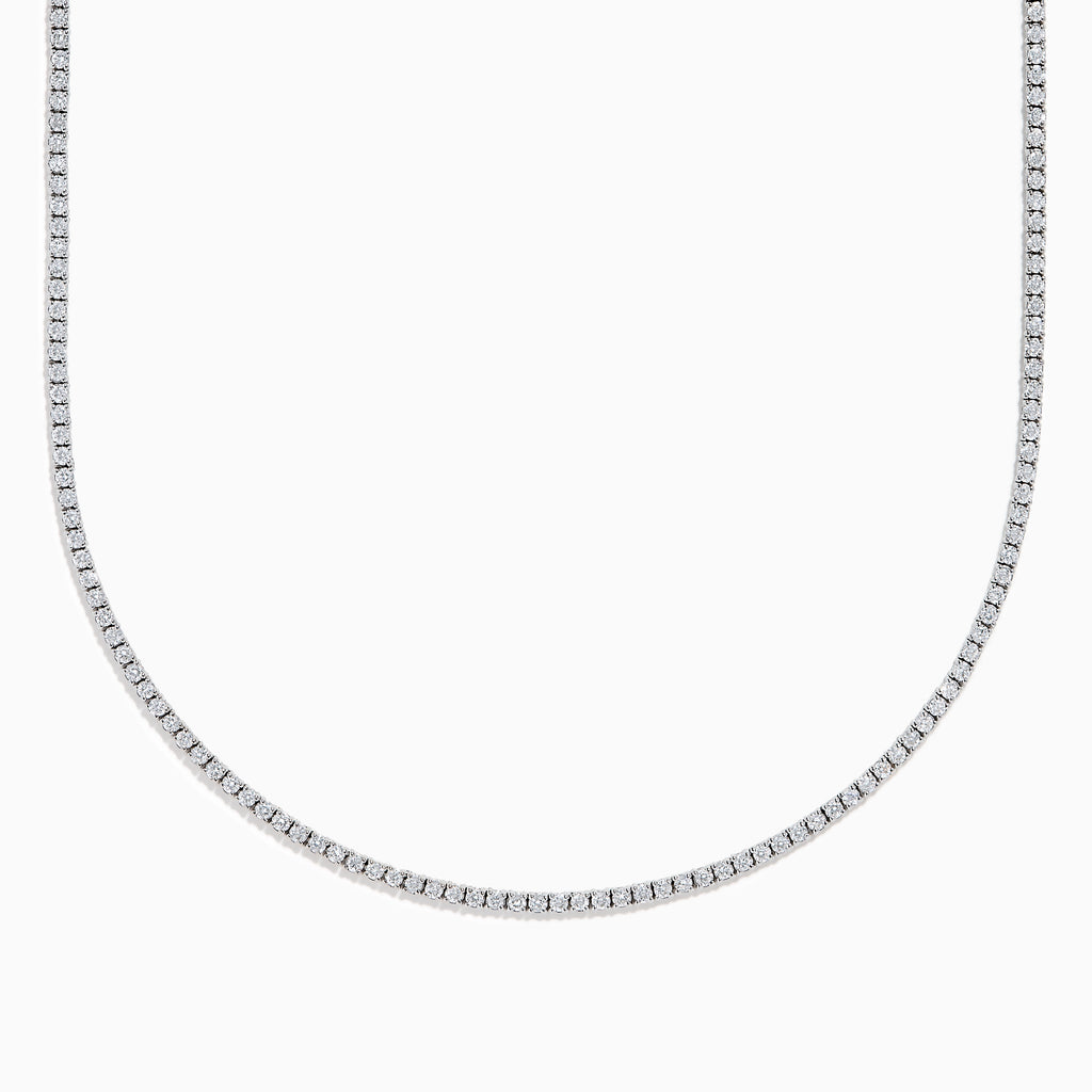 The Lab Grown Round Diamond 4.92ct Tennis Necklace in 14K White Gold features small, round lab-grown diamonds set in a continuous U-shaped line against a white background.
