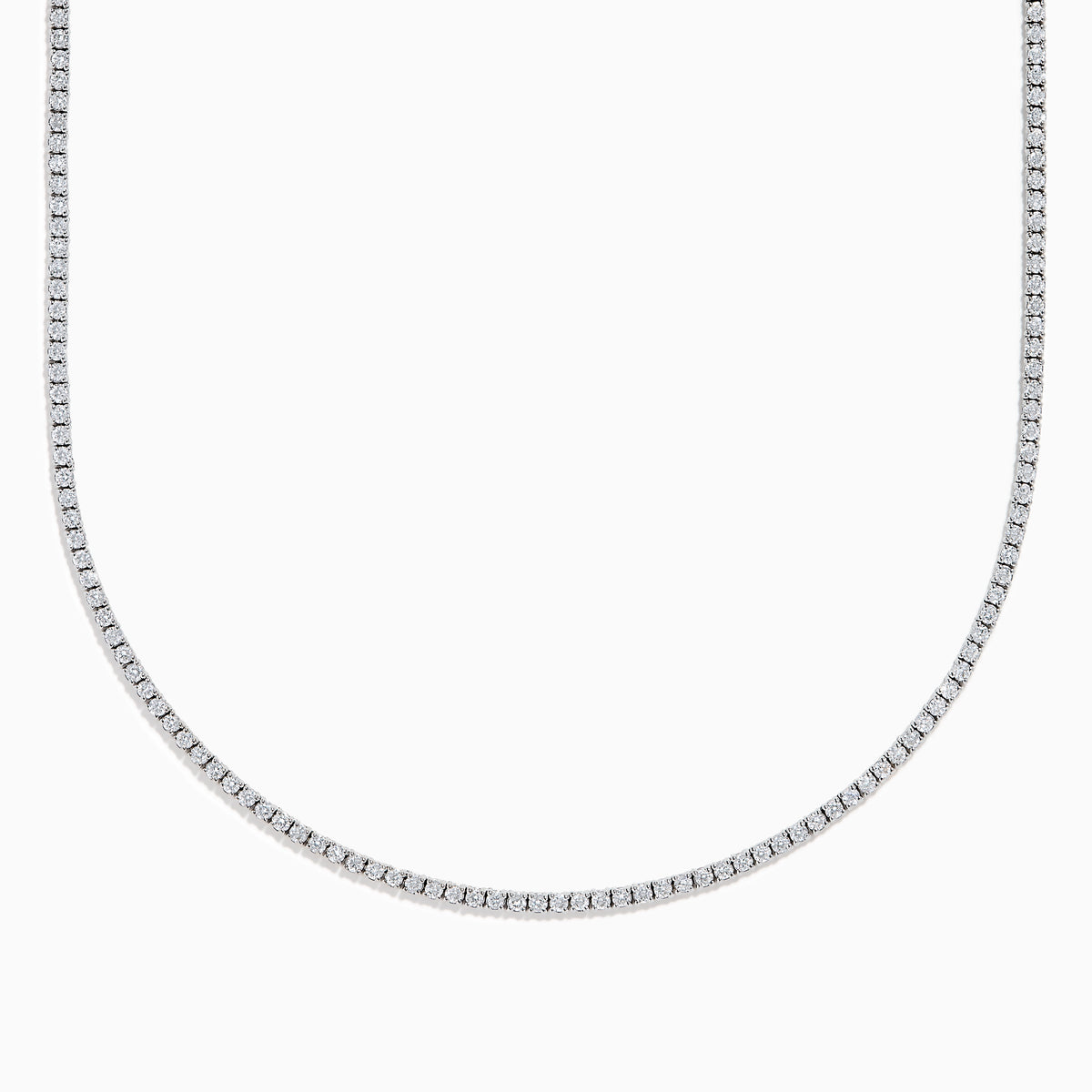 The Lab Grown Round Diamond 4.92ct Tennis Necklace in 14K White Gold features small, round lab-grown diamonds set in a continuous U-shaped line against a white background.