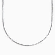 The Lab Grown Round Diamond 4.92ct Tennis Necklace in 14K White Gold features small, round lab-grown diamonds set in a continuous U-shaped line against a white background.