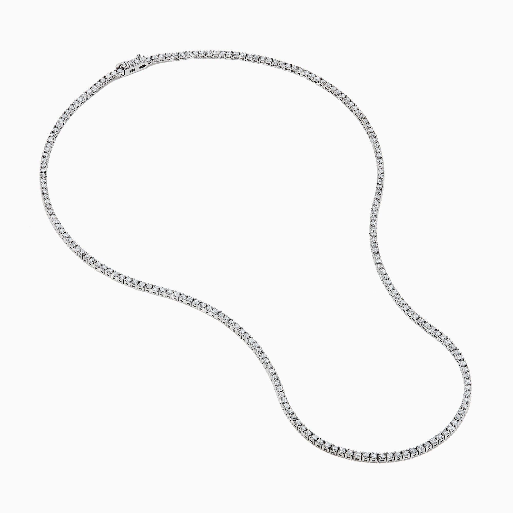 The Lab Grown Round Diamond 4.92ct Tennis Necklace in 14K White Gold features small, round lab-grown diamonds set in a continuous U-shaped line against a white background.