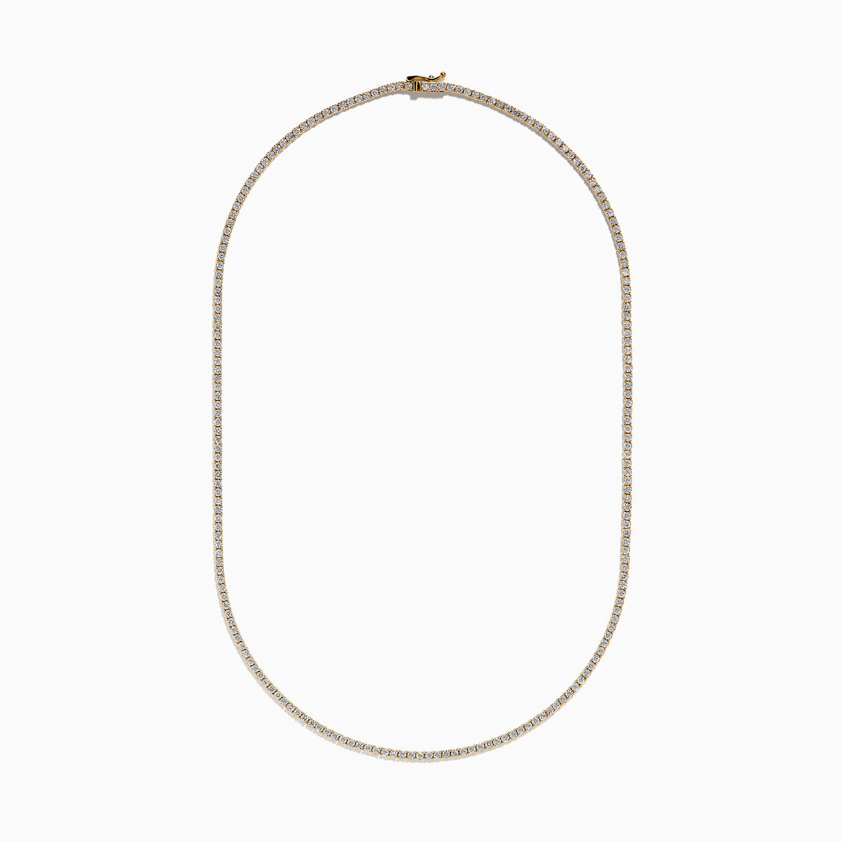 The Lab Grown Diamond 4.9ct Tennis Necklace in 14K Yellow Gold features small, evenly spaced lab grown diamonds in a continuous sparkling line, shown against a plain white background.