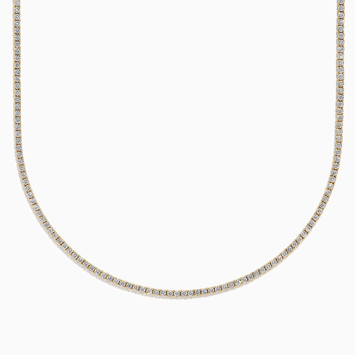 The Lab Grown Diamond 4.9ct Tennis Necklace in 14K Yellow Gold features small, evenly spaced lab grown diamonds in a continuous sparkling line, shown against a plain white background.