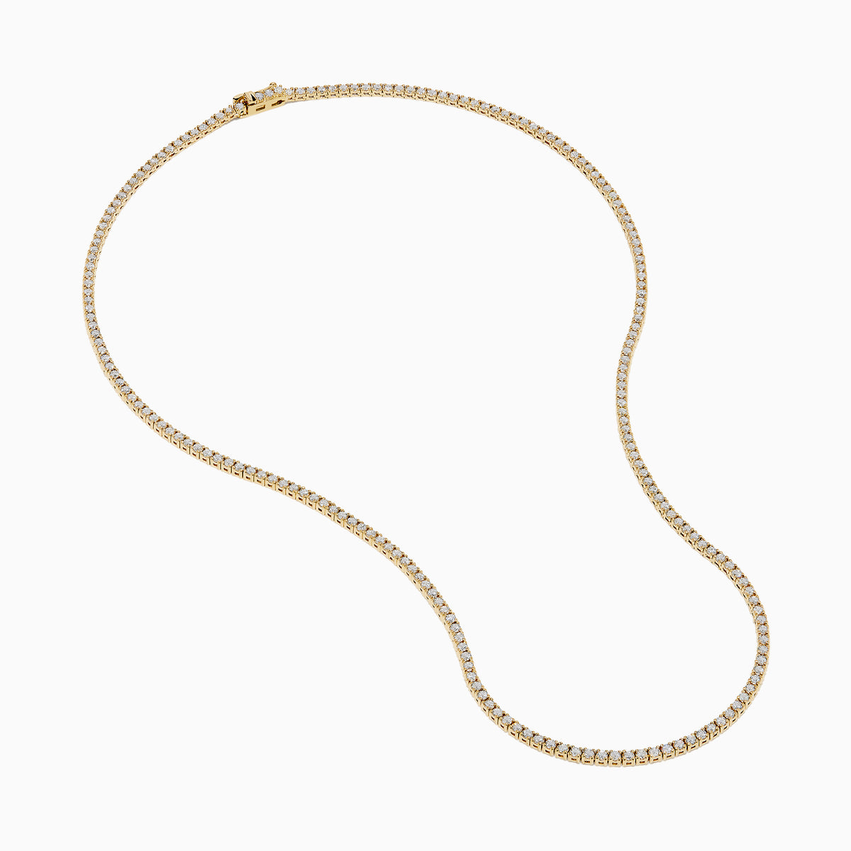 The Lab Grown Diamond 4.9ct Tennis Necklace in 14K Yellow Gold features small, evenly spaced lab grown diamonds in a continuous sparkling line, shown against a plain white background.