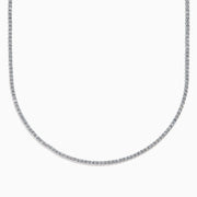 The Lab Grown Diamond 6.8ct Tennis Necklace in 14K White Gold features small, evenly spaced lab grown diamonds set in a thin, elegant chain and is displayed on a white background.