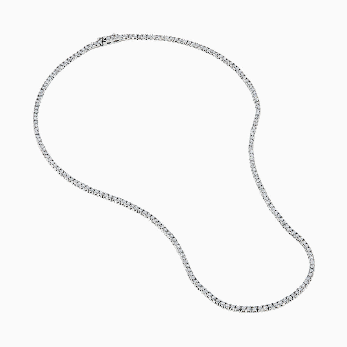 The Lab Grown Diamond 6.8ct Tennis Necklace in 14K White Gold features small, evenly spaced lab grown diamonds set in a thin, elegant chain and is displayed on a white background.