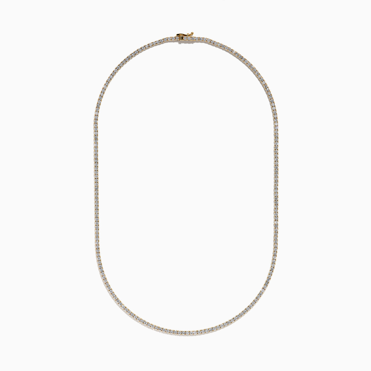 The Lab Grown Diamond 6.8ct Tennis Necklace in 14K Yellow Gold features a continuous line of round lab grown diamonds set in yellow gold, displayed against a white background.