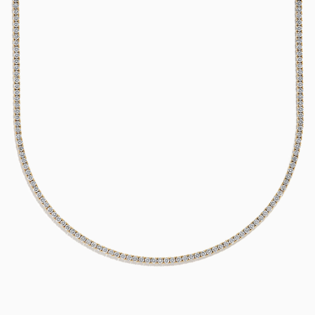 The Lab Grown Diamond 6.8ct Tennis Necklace in 14K Yellow Gold features a continuous line of round lab grown diamonds set in yellow gold, displayed against a white background.
