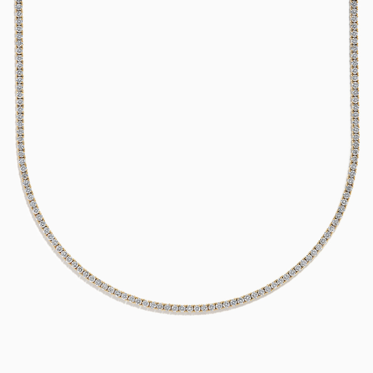 The Lab Grown Diamond 6.8ct Tennis Necklace in 14K Yellow Gold features a continuous line of round lab grown diamonds set in yellow gold, displayed against a white background.