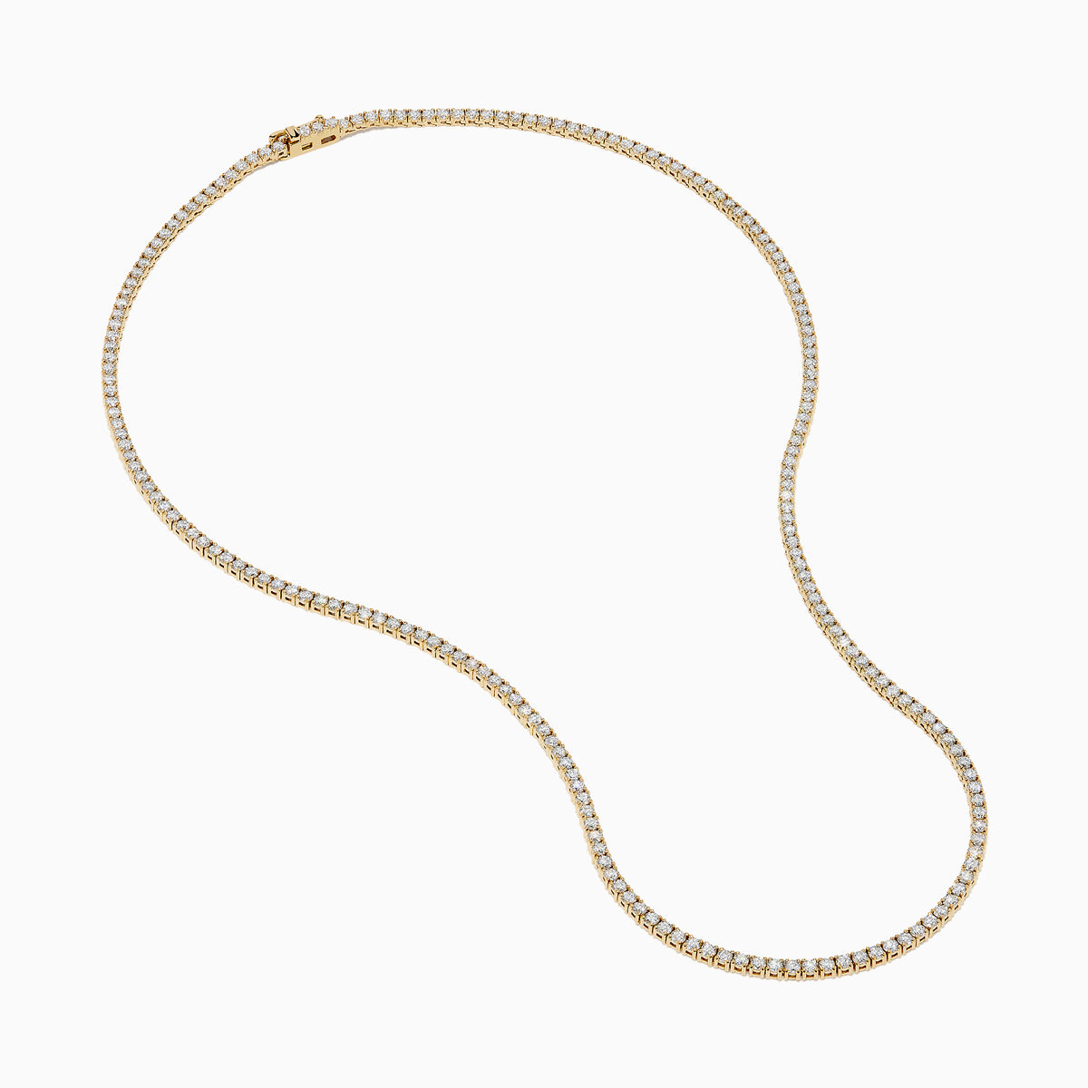 The Lab Grown Diamond 6.8ct Tennis Necklace in 14K Yellow Gold features a continuous line of round lab grown diamonds set in yellow gold, displayed against a white background.
