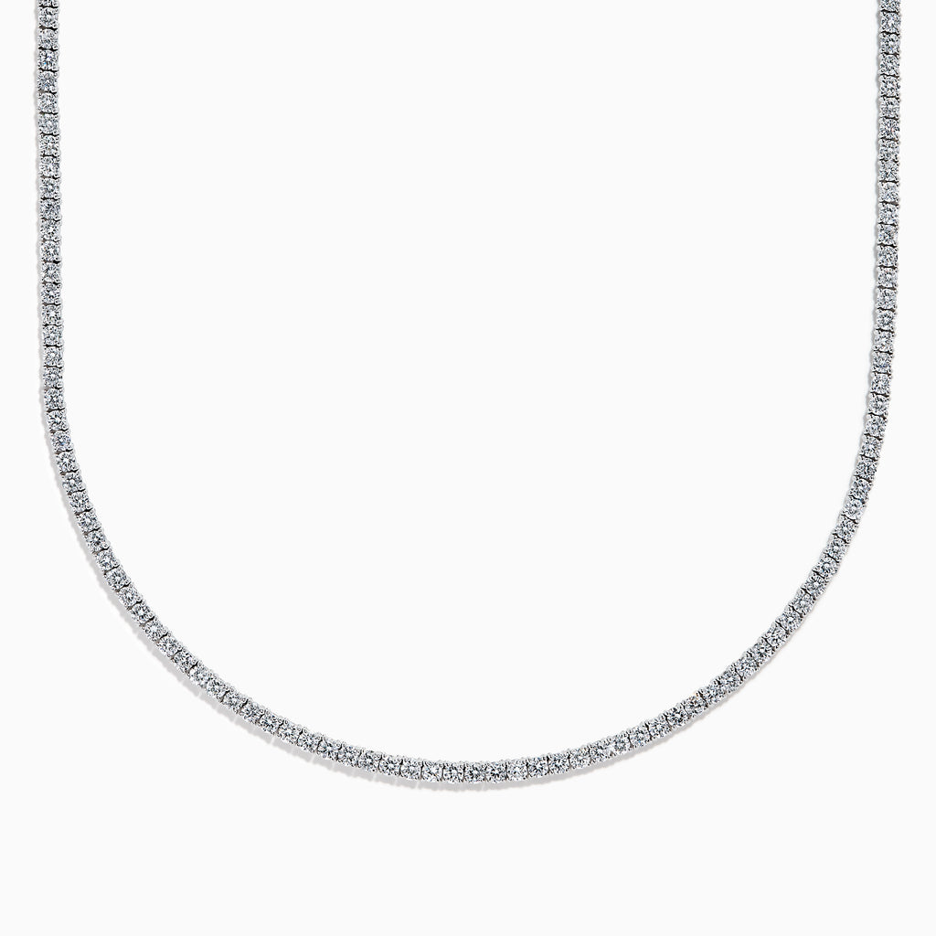 The Lab Grown Diamond 9.8ct Tennis Necklace in 14K White Gold showcases closely set, round lab grown diamonds on a slender, elegant white gold chain, displayed against a white background.