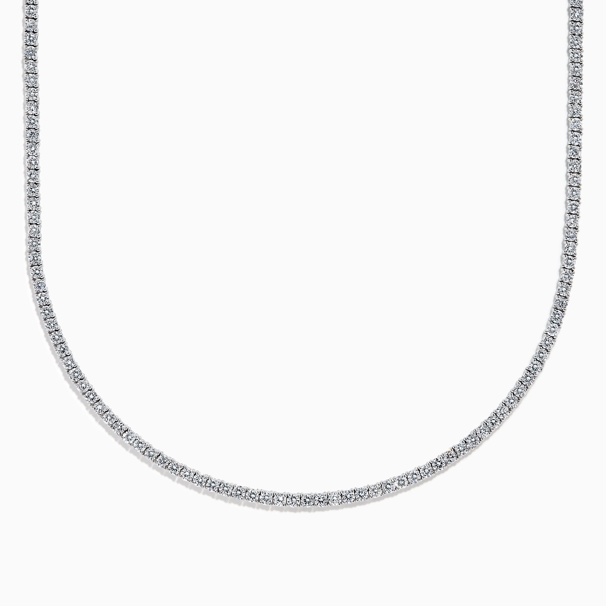 The Lab Grown Diamond 9.8ct Tennis Necklace in 14K White Gold showcases closely set, round lab grown diamonds on a slender, elegant white gold chain, displayed against a white background.