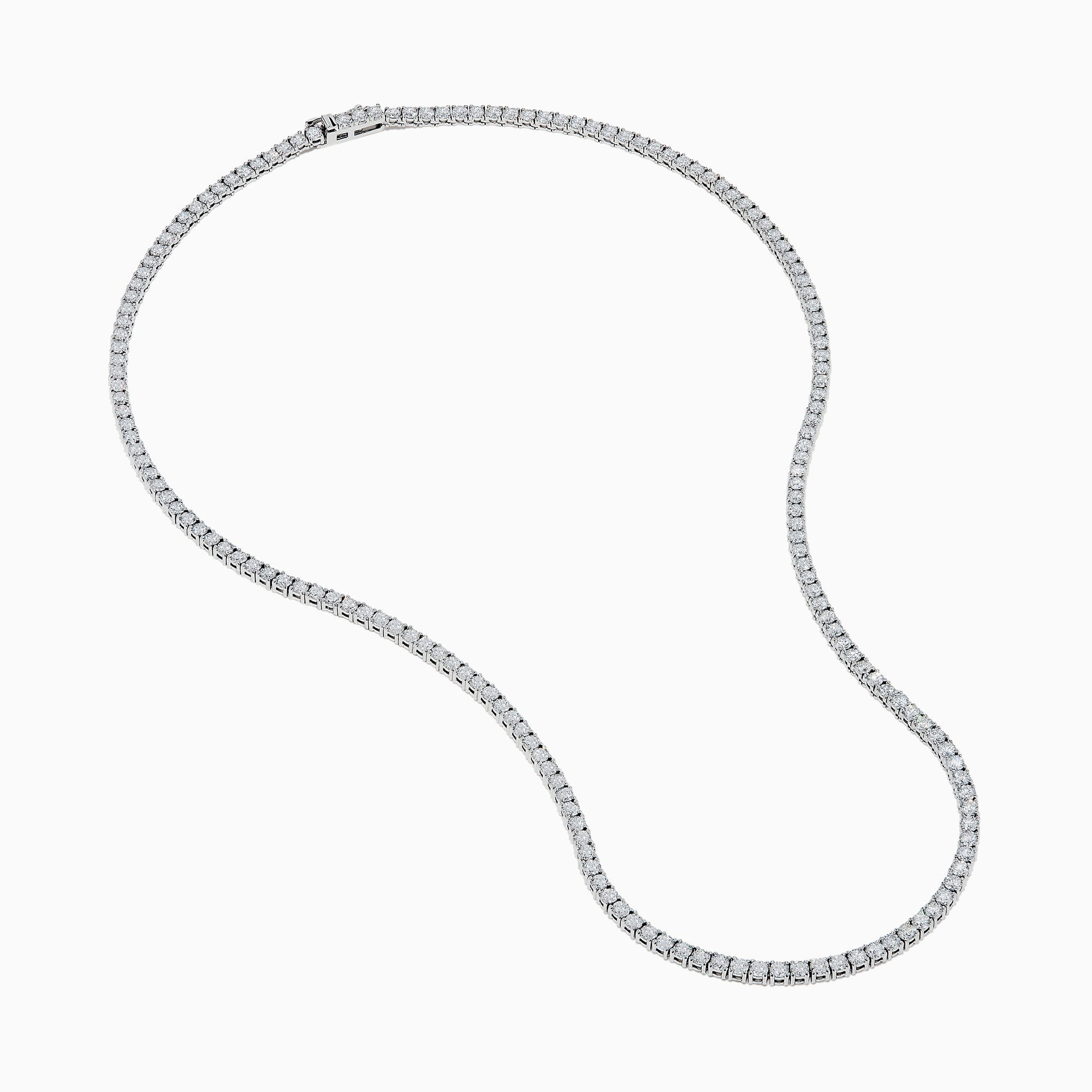 The Lab Grown Diamond 9.8ct Tennis Necklace in 14K White Gold showcases closely set, round lab grown diamonds on a slender, elegant white gold chain, displayed against a white background.