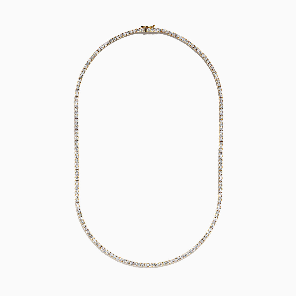 The Lab Grown Diamond 9.8ct Tennis Necklace in 14K Yellow Gold features a single row of round lab grown diamonds set closely together in an elegant line, shown on a plain white background.