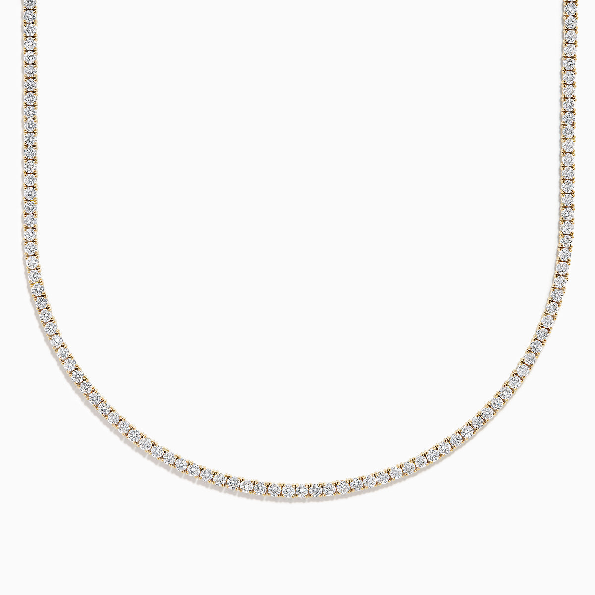 The Lab Grown Diamond 9.8ct Tennis Necklace in 14K Yellow Gold features a single row of round lab grown diamonds set closely together in an elegant line, shown on a plain white background.