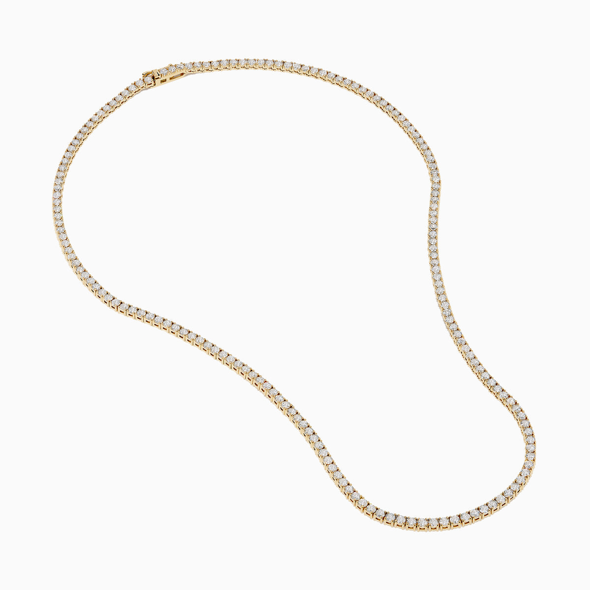 The Lab Grown Diamond 9.8ct Tennis Necklace in 14K Yellow Gold features a single row of round lab grown diamonds set closely together in an elegant line, shown on a plain white background.