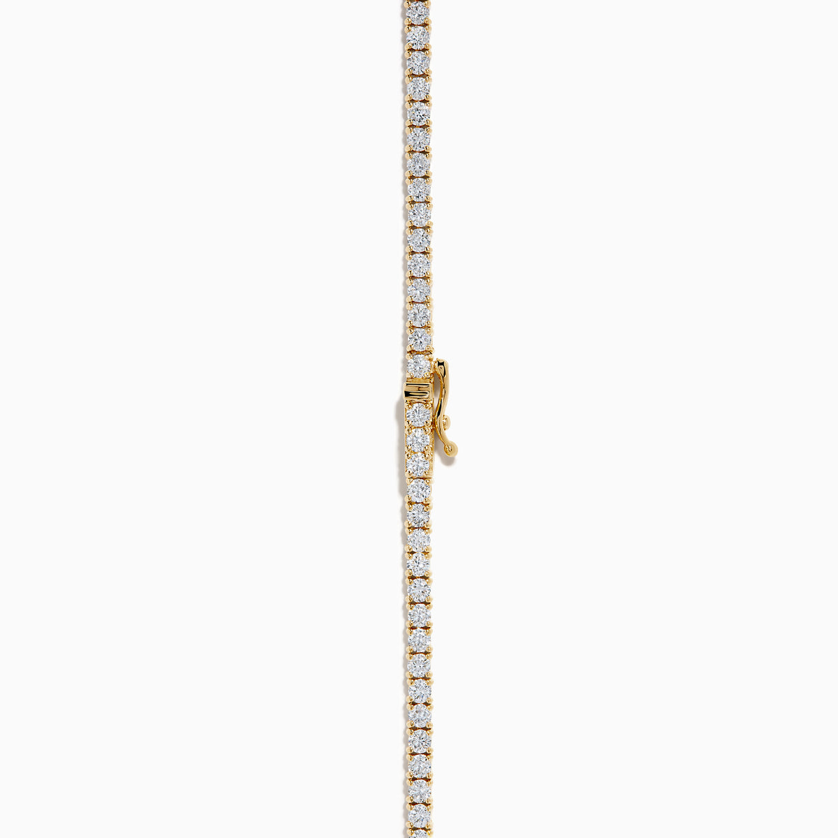 The Lab Grown Diamond 9.8ct Tennis Necklace in 14K Yellow Gold features a single row of round lab grown diamonds set closely together in an elegant line, shown on a plain white background.