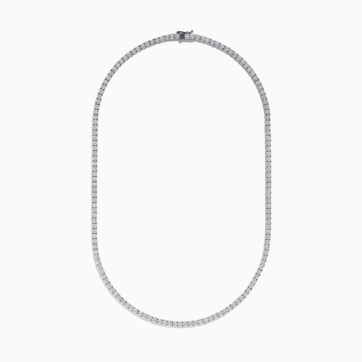 The Lab Grown Round Diamond 14.69ct Tennis Necklace in 14K White Gold features a continuous row of sparkling lab-grown diamonds set in a slim white gold chain, shown against a white background.