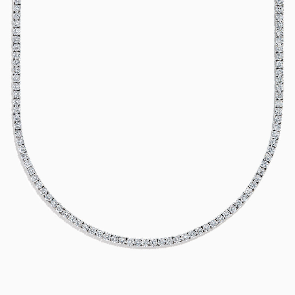 The Lab Grown Round Diamond 14.69ct Tennis Necklace in 14K White Gold features a continuous row of sparkling lab-grown diamonds set in a slim white gold chain, shown against a white background.