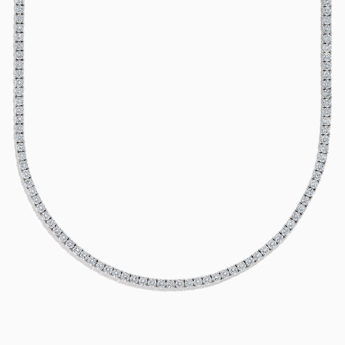 The Lab Grown Round Diamond 14.69ct Tennis Necklace in 14K White Gold features a continuous row of sparkling lab-grown diamonds set in a slim white gold chain, shown against a white background.